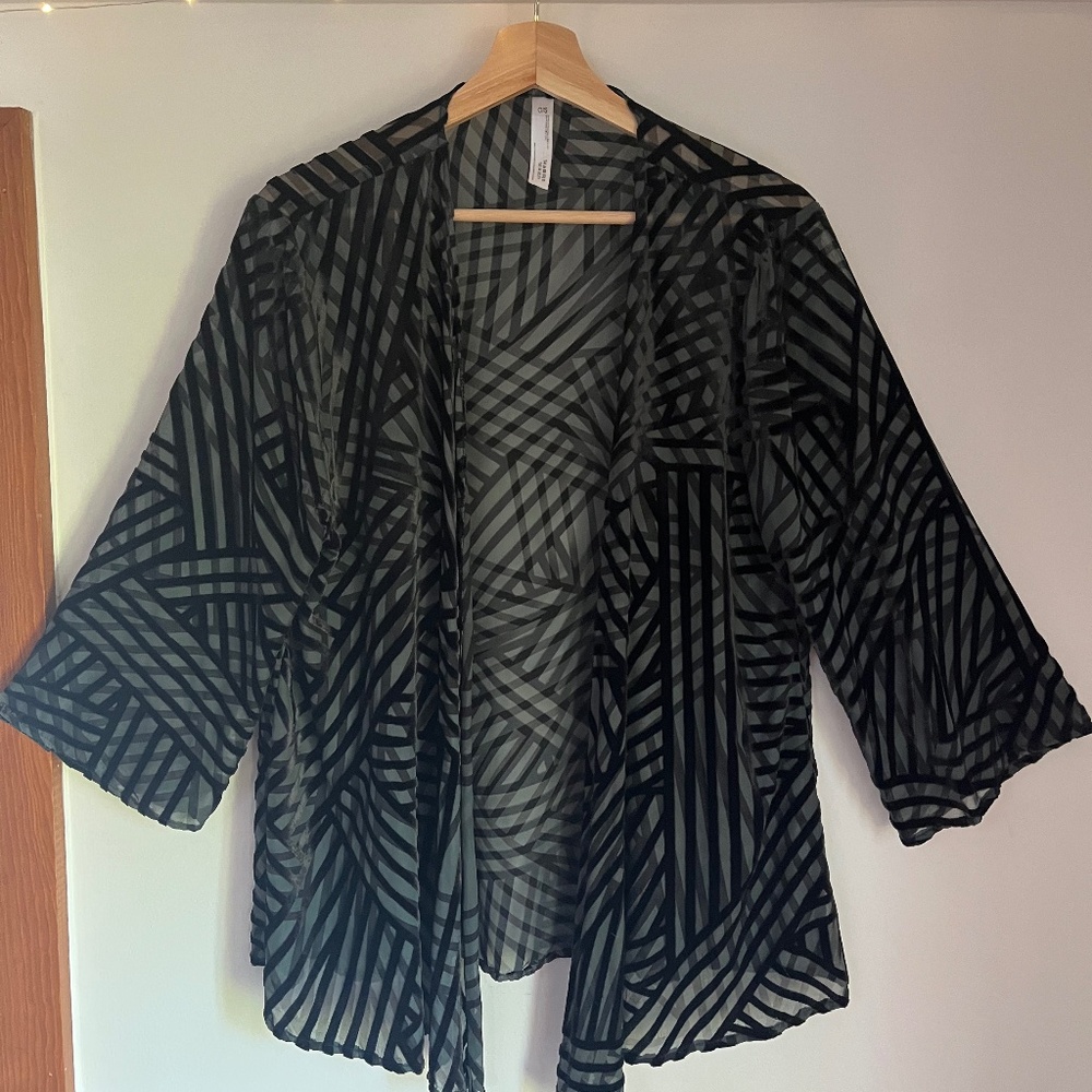 Semi-Sheer Black Velvet Cross Striped Wrap, O/S